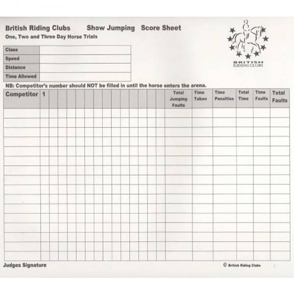 BRC Show Jumping Score Sheets The British Horse Society Shop