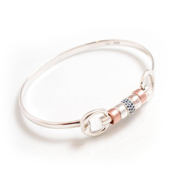 Sterling Silver & 18ct Rose Gold Plate Cherry Roller Snaffle Bangle With Sapphire Blue CZ Starlight Roller Bead
